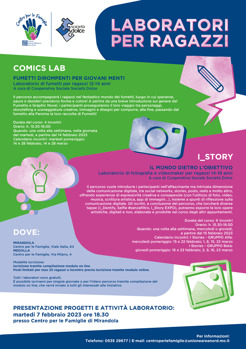 Due laboratori per i ragazzi organizzati dal Centro per le Famiglie dell'Unione Due laboratori per i ragazzi organizzati dal Centro per le Famiglie dell'Unione