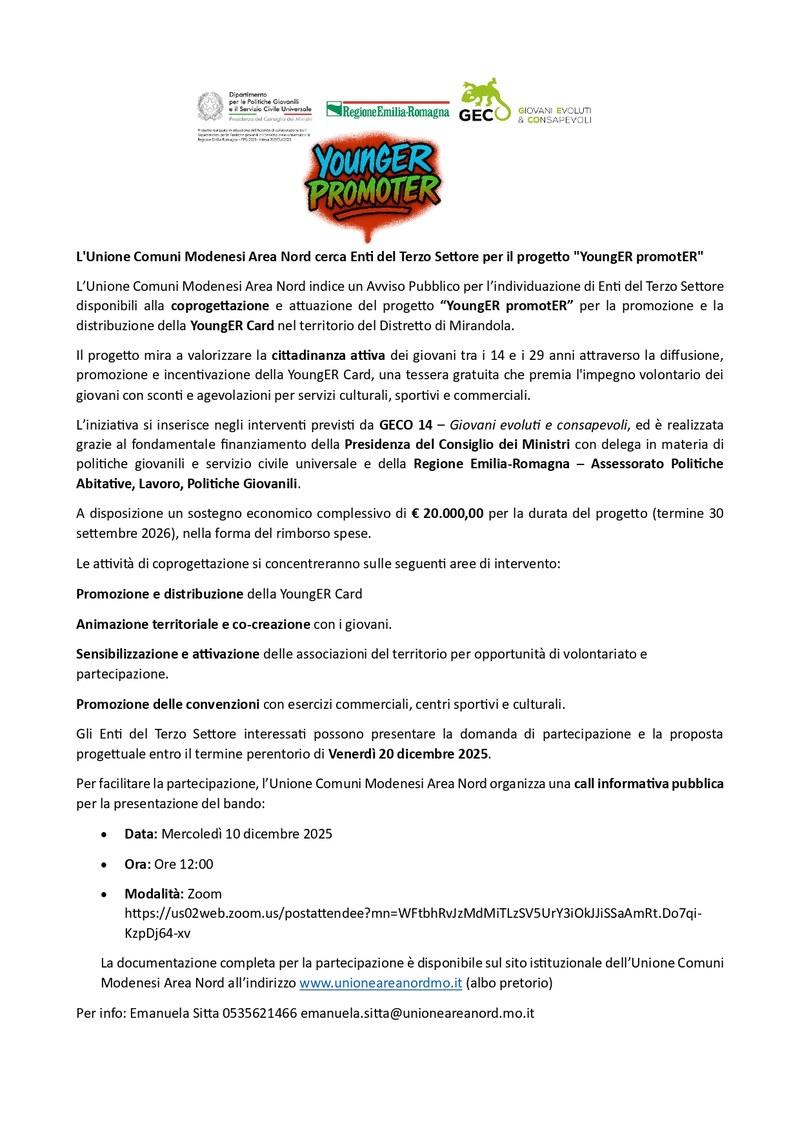 L'Unione Comuni Modenesi Area Nord cerca Enti del Terzo Settore per il progetto "YoungER promotER"