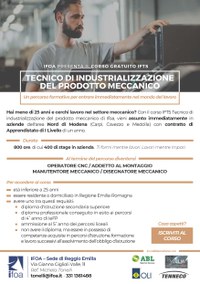 Corso gratuito di Tecnico di industrializzazione del prodotto meccanico con assunzione immediata presso aziende di Medolla e Cavezzo